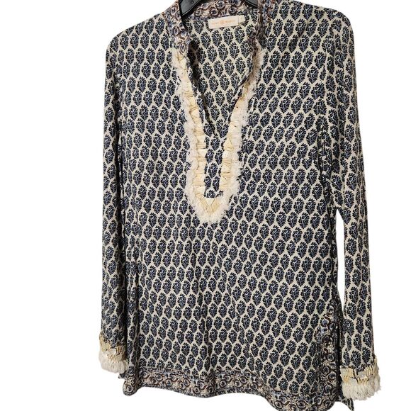 Tori Burch Tunic Top Size 8 Embellished Fringe And Beaded Accents Side Zip - Picture 2 of 16
